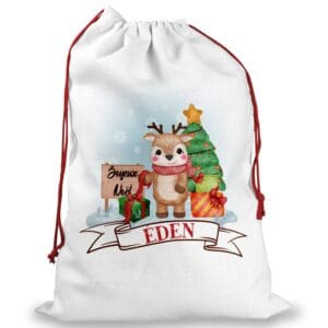 Hotte de Noël avec un prénom personnalisé et motif enfantin de renne