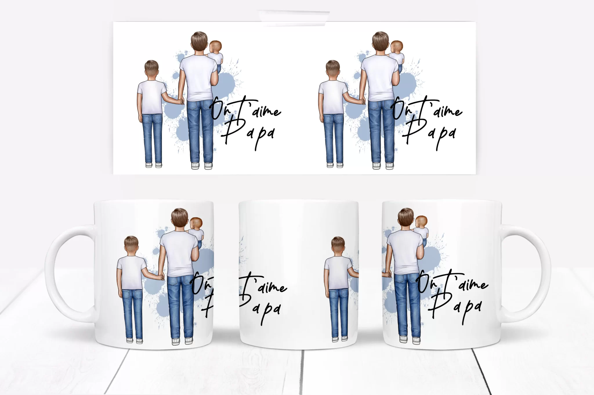 Mug vu sous toutes les faces avec une famille et le texte papa on t'aime